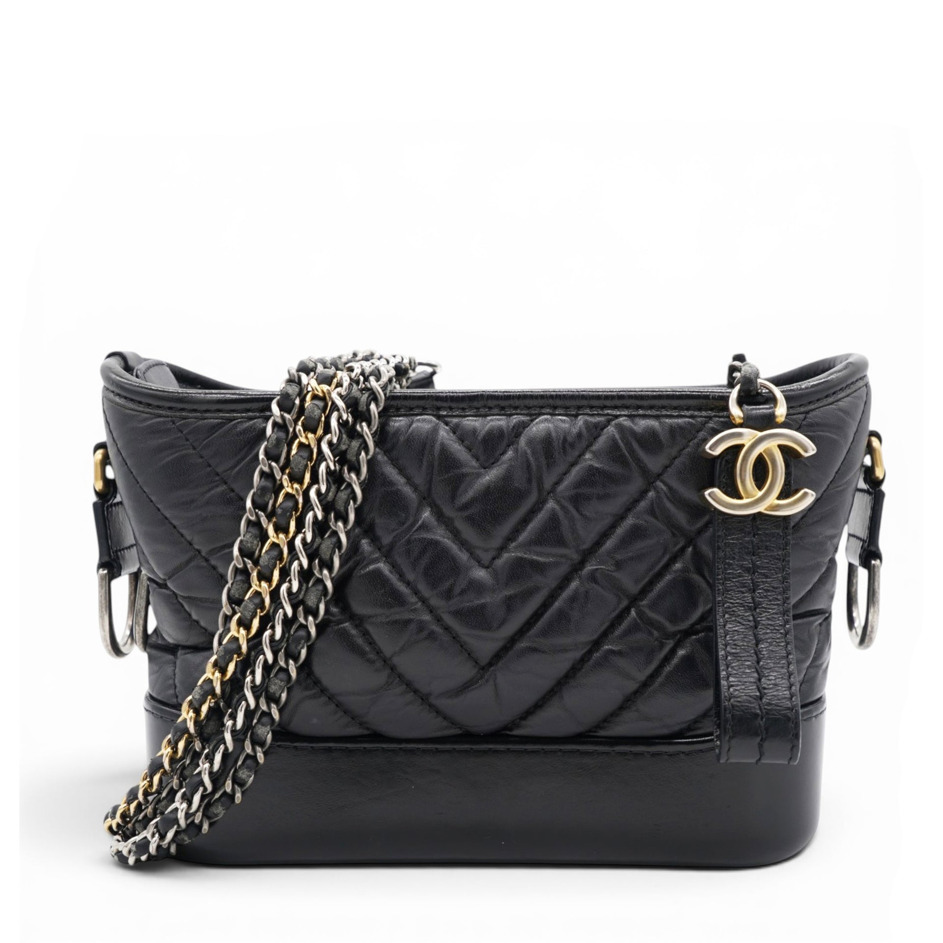 Chanel Aged Calfskin Quilted Small Gabrielle Logo Hobo Black 