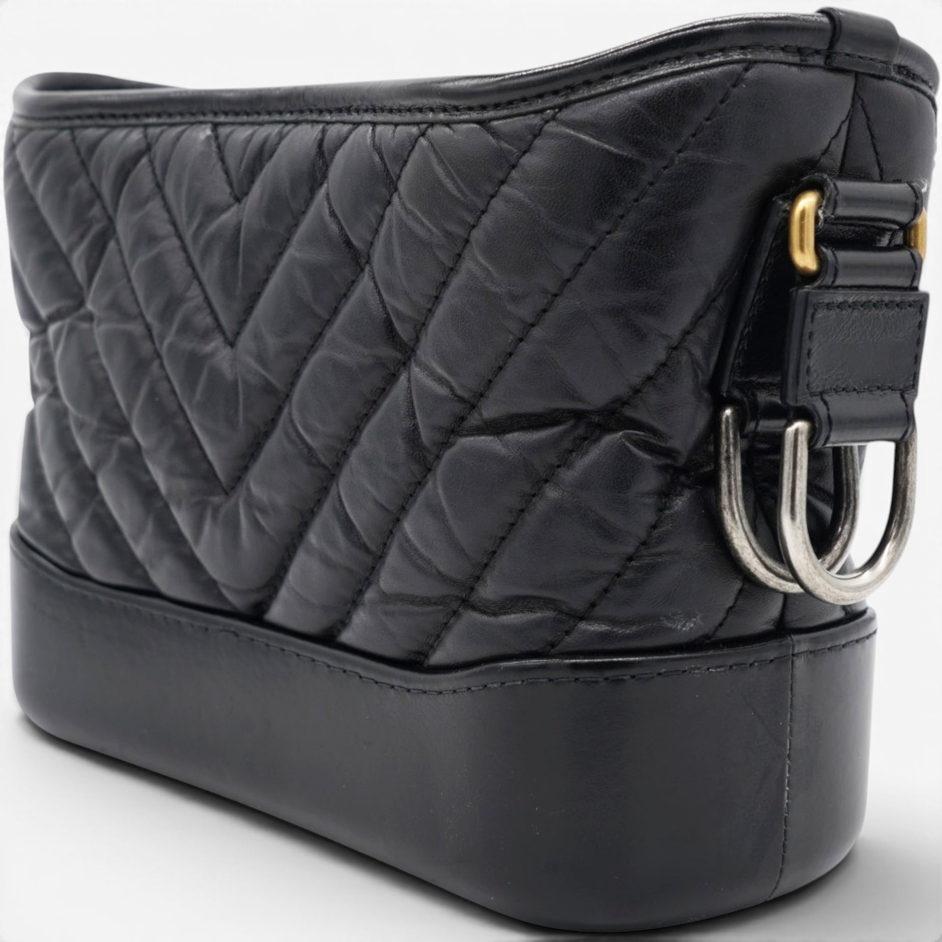 Chanel Aged Calfskin Quilted Small Gabrielle Logo Hobo Black 