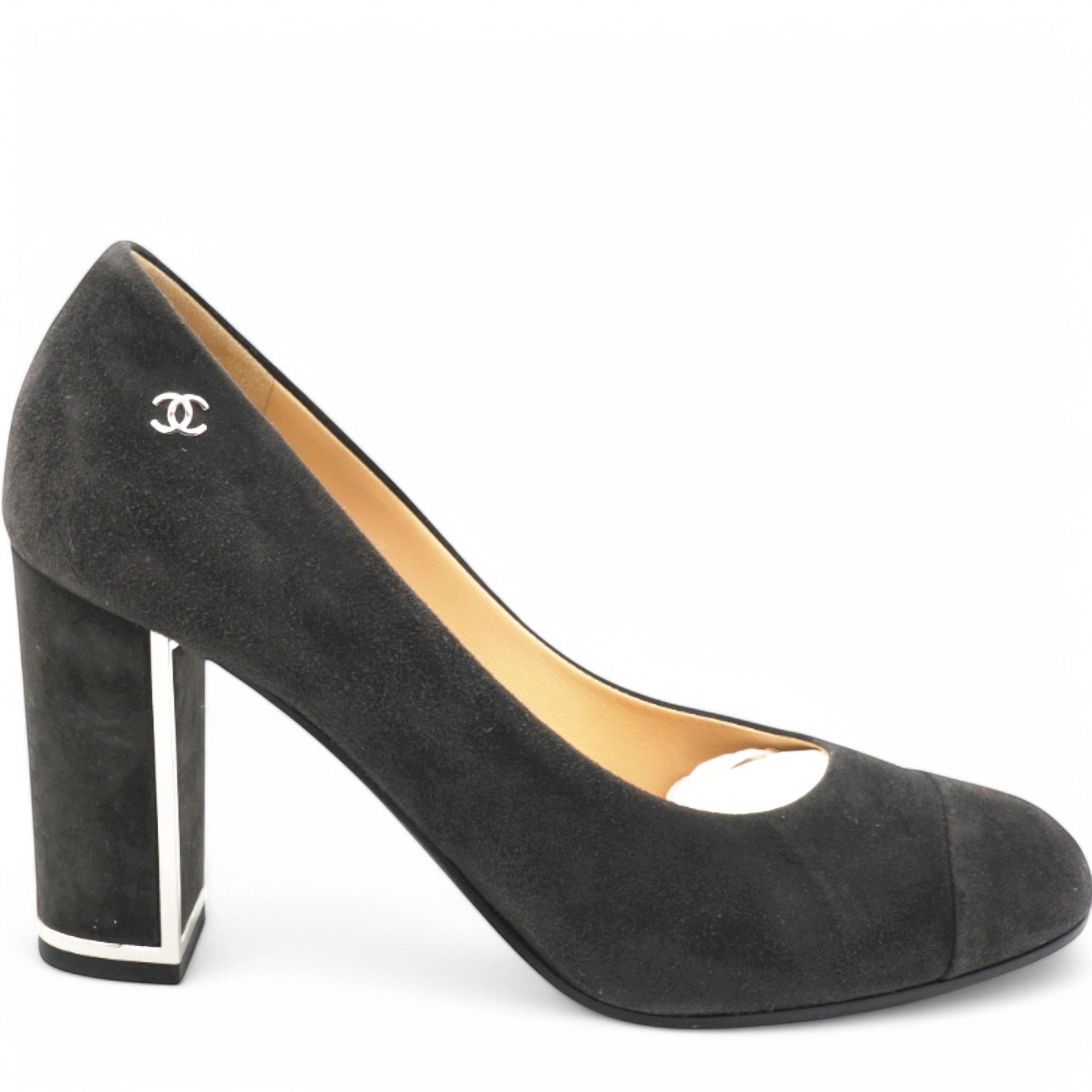 Chanel Black Suede CC Block Heel Pumps Size38 