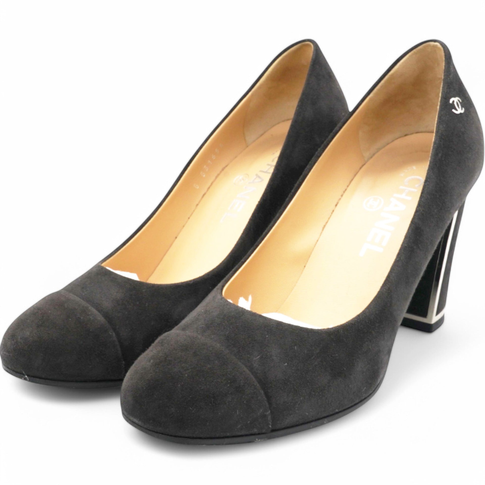 Chanel Black Suede CC Block Heel Pumps Size38 