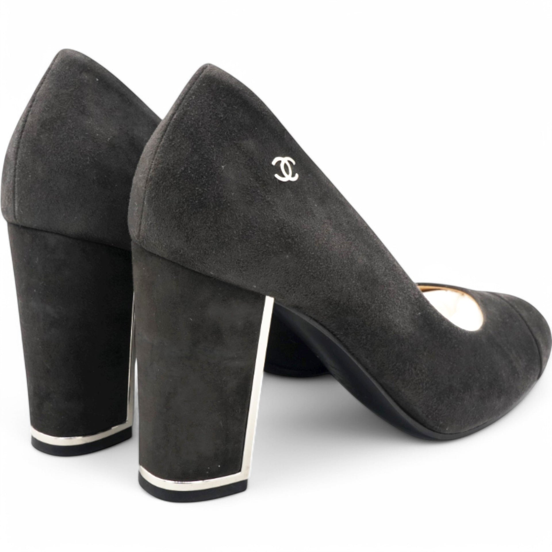 Chanel Black Suede CC Block Heel Pumps Size38 