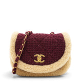 Chanel Burgundy Tweed 22K Shearling Trim Flap Crossbody Bag 