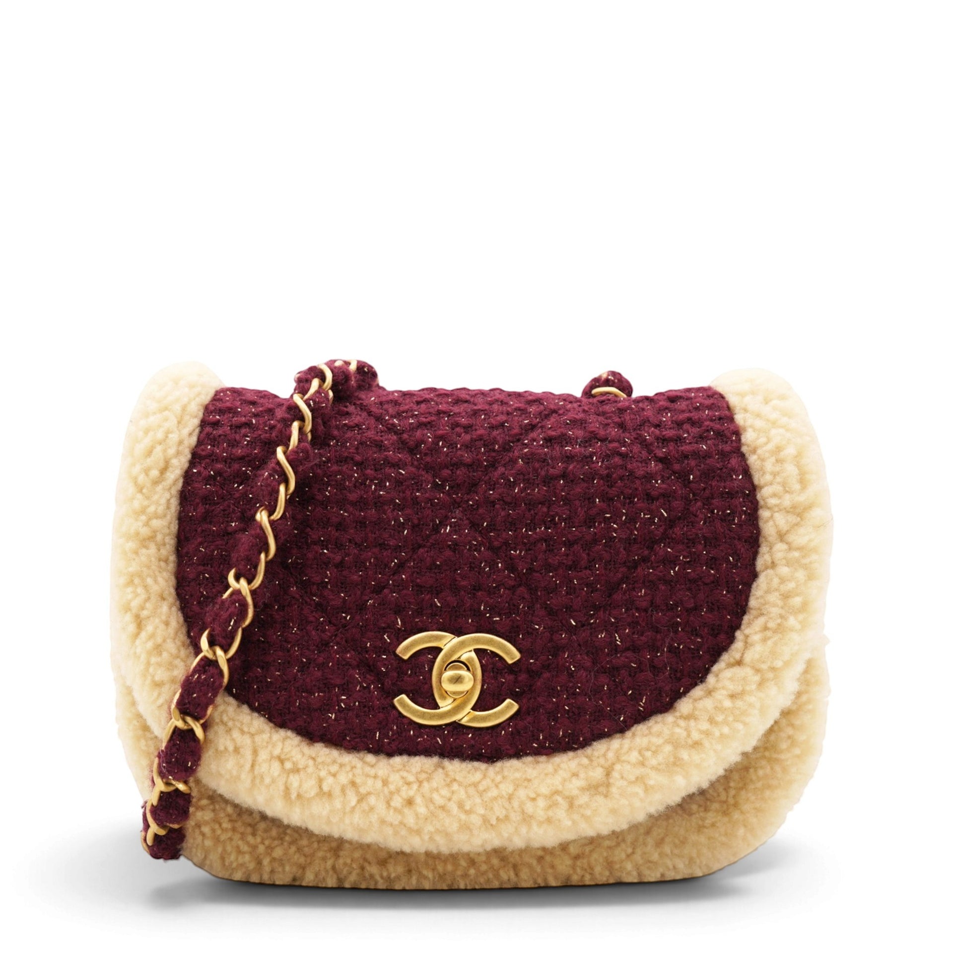 Chanel Burgundy Tweed 22K Shearling Trim Flap Crossbody Bag 