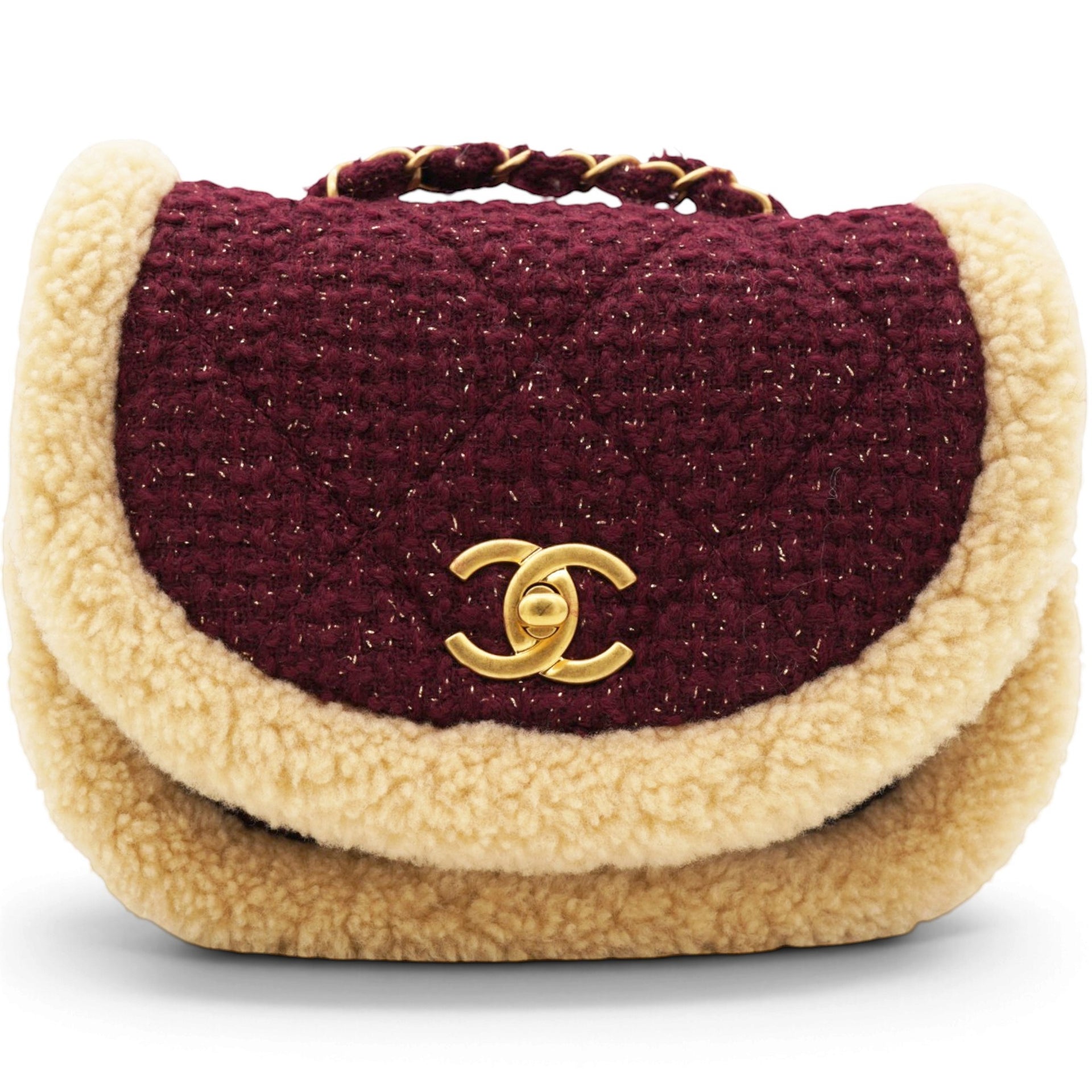 Chanel Burgundy Tweed 22K Shearling Trim Flap Crossbody Bag 