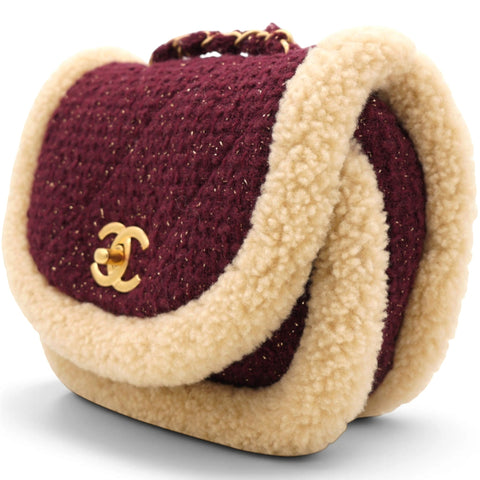 Chanel Burgundy Tweed 22K Shearling Trim Flap Crossbody Bag 