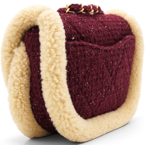 Chanel Burgundy Tweed 22K Shearling Trim Flap Crossbody Bag 