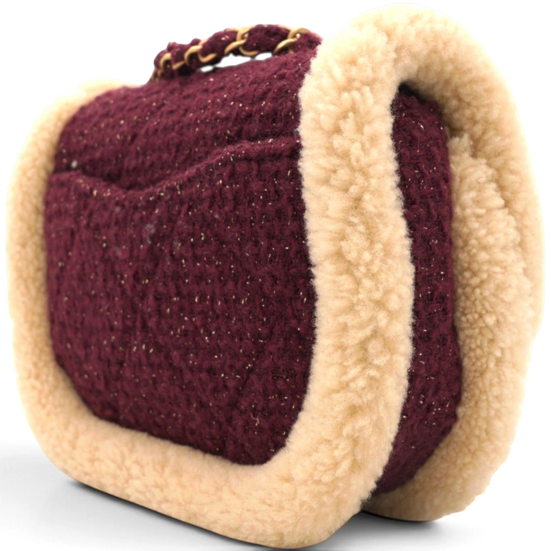 Chanel Burgundy Tweed 22K Shearling Trim Flap Crossbody Bag 