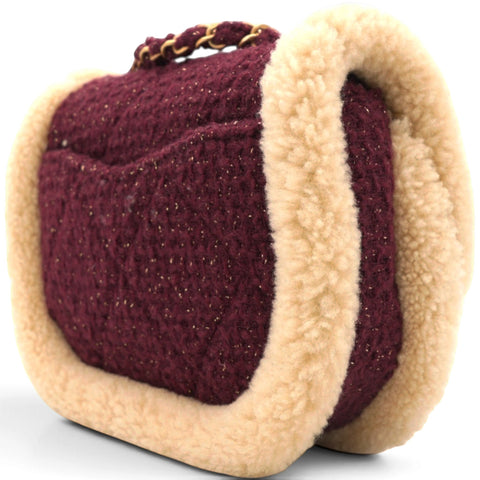 Chanel Burgundy Tweed 22K Shearling Trim Flap Crossbody Bag 