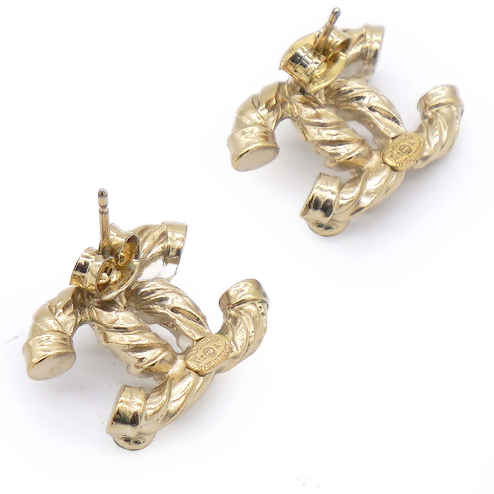 Chanel CC A12A Gold Hardware GHW Pearl Logo Earrings Golden