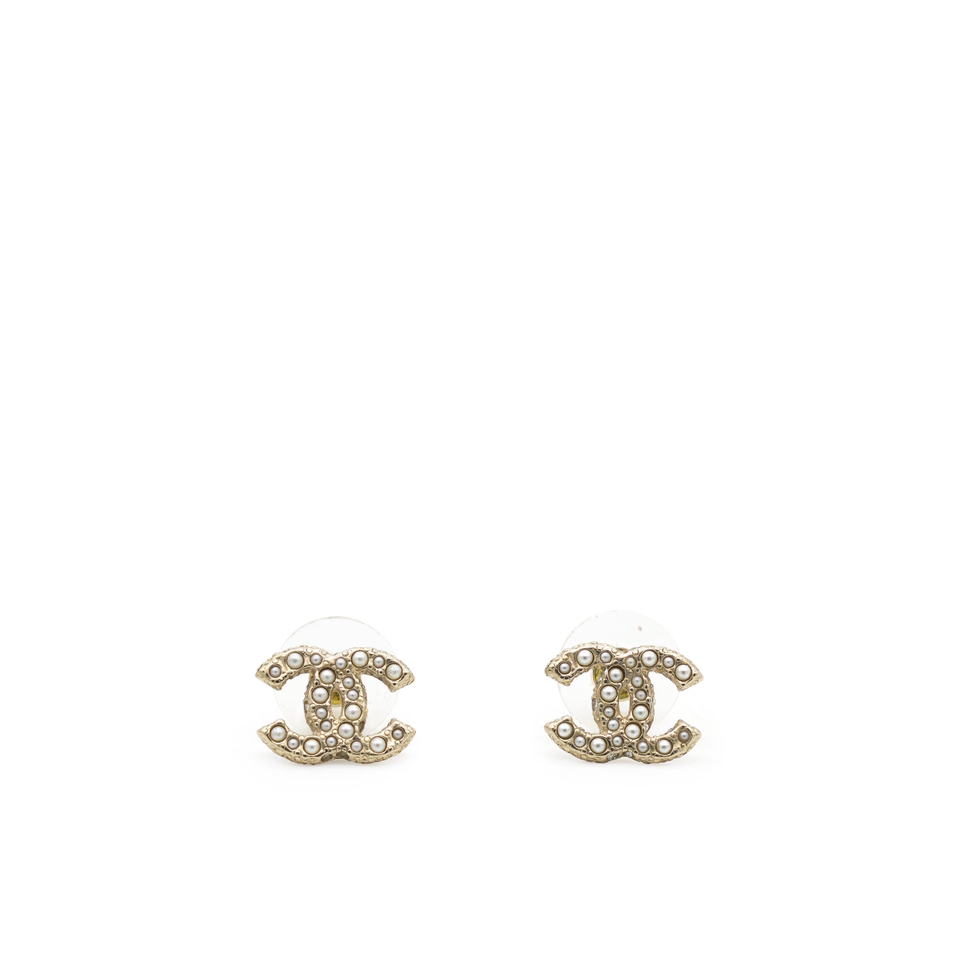 Chanel CC Faux Pearl Gold Tone Stud Earrings 