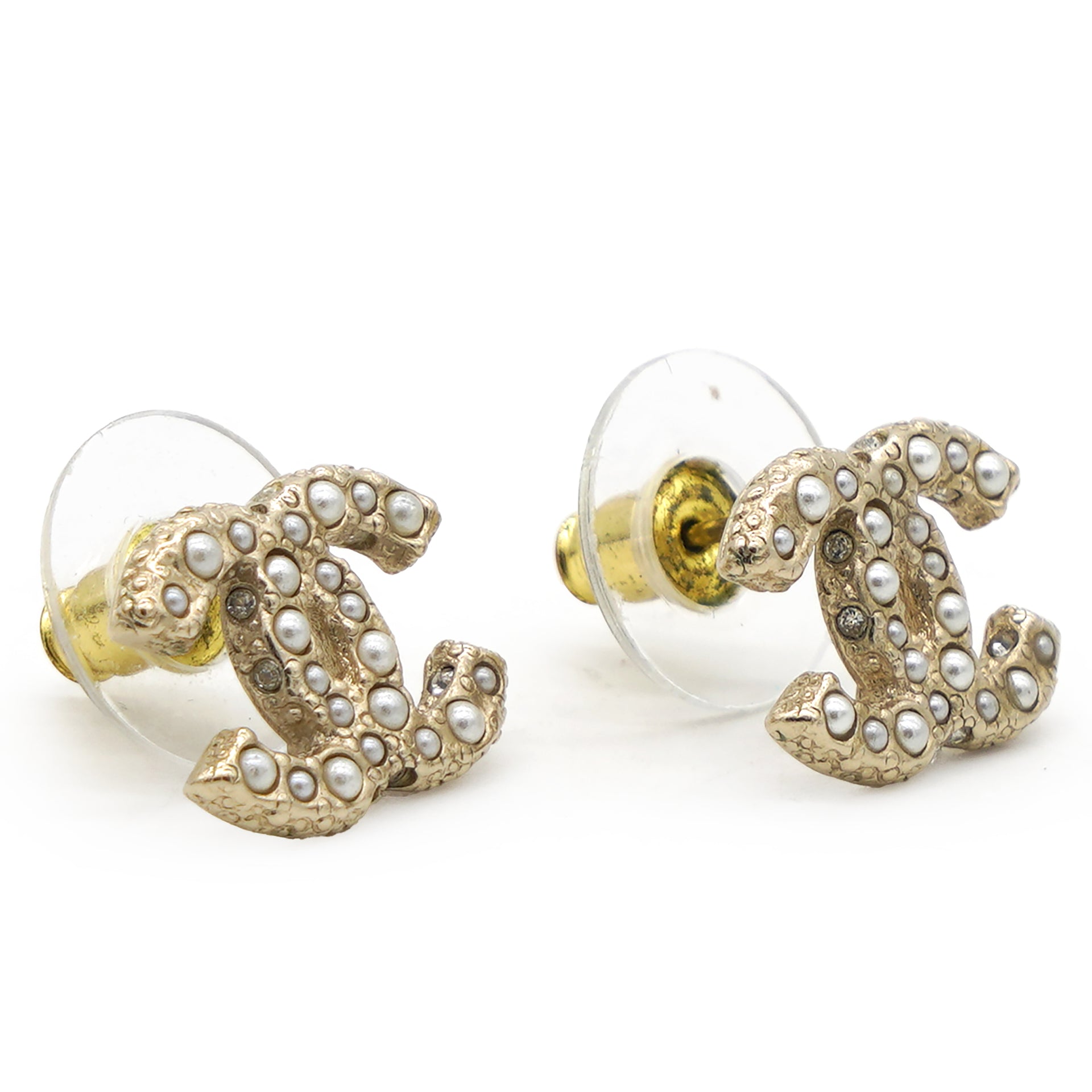 Chanel CC Faux Pearl Gold Tone Stud Earrings 