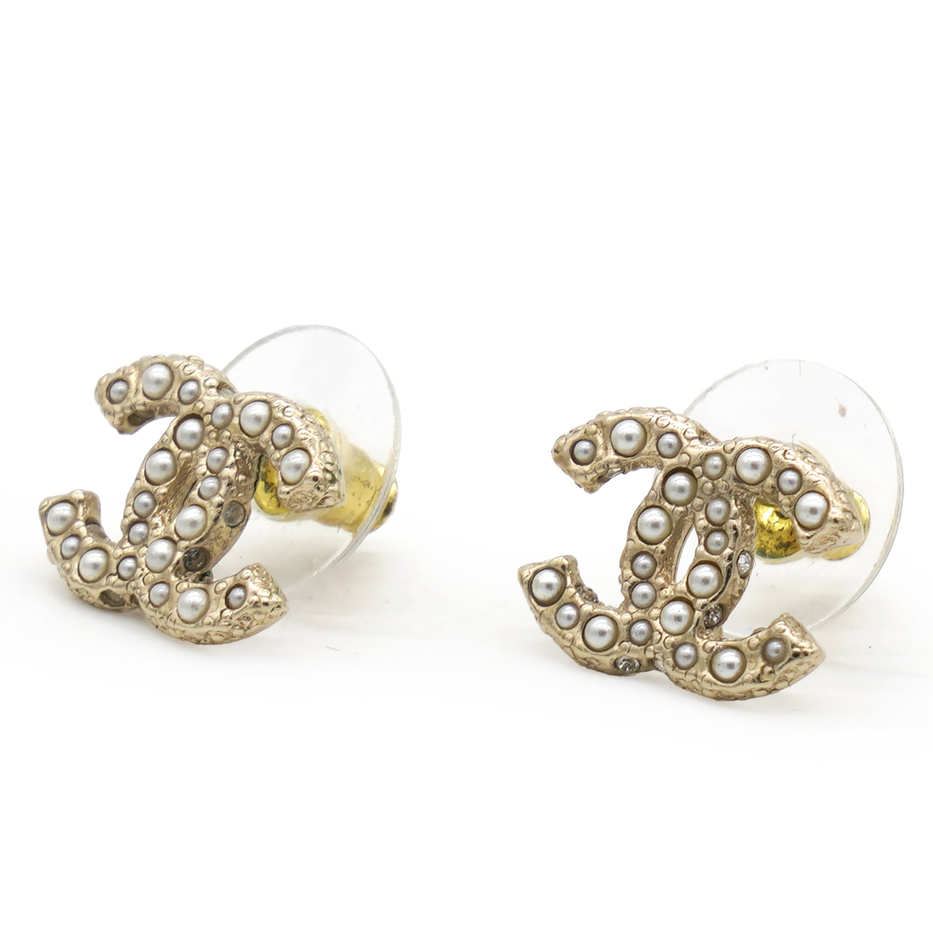 Chanel CC Faux Pearl Gold Tone Stud Earrings 