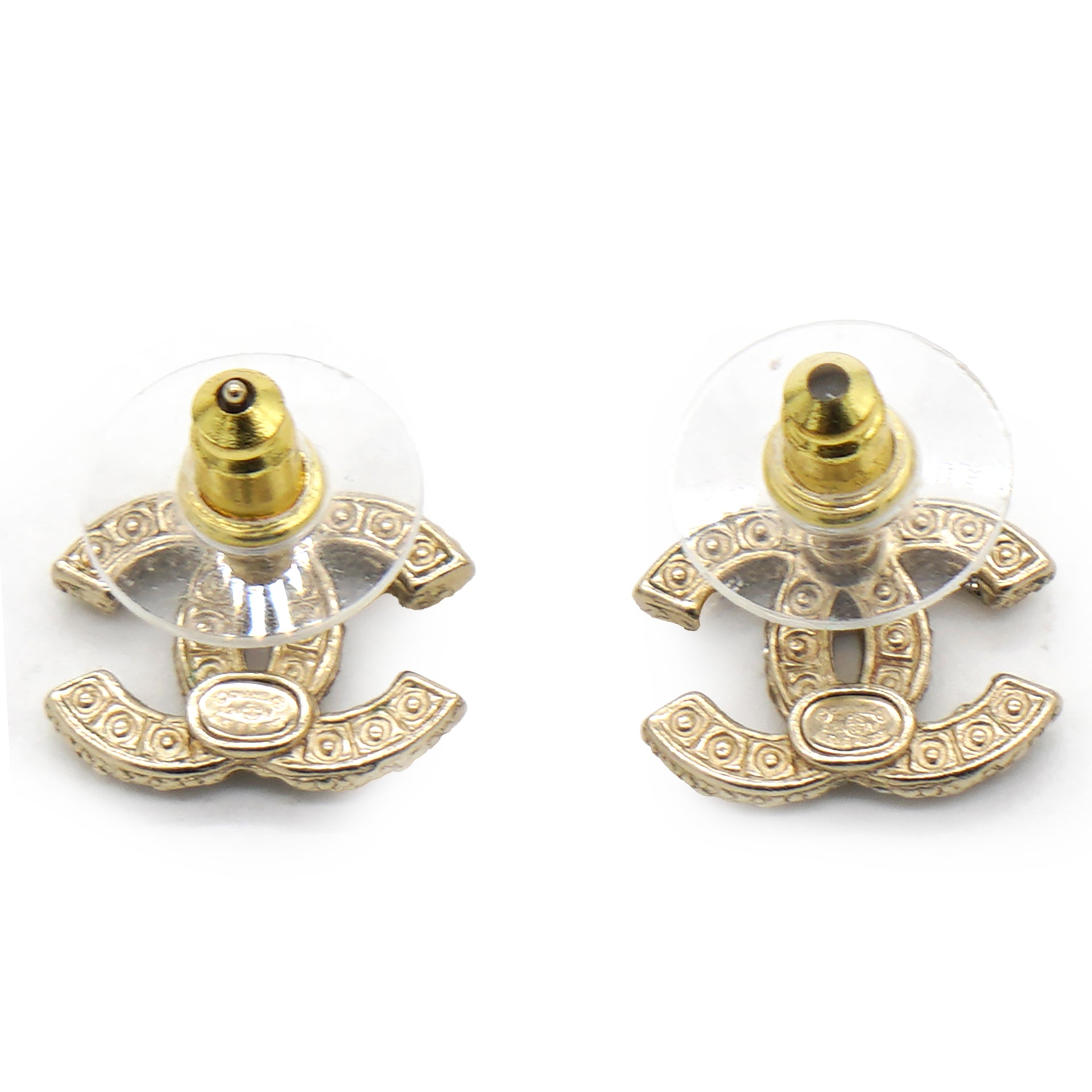 Chanel CC Faux Pearl Gold Tone Stud Earrings 