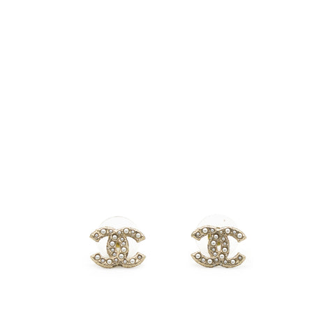 Chanel CC Faux Pearl Gold Tone Stud Earrings 