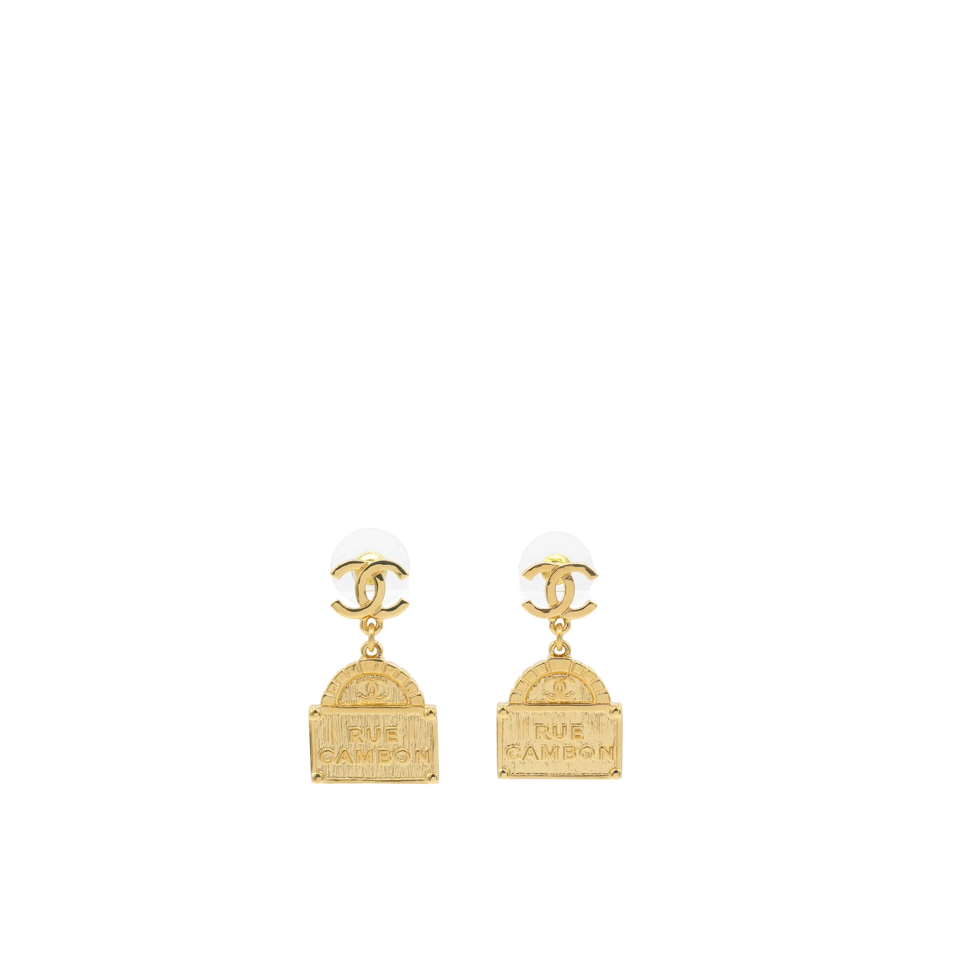 Chanel CC Logo Rue Cambon Drop Earrings Gold Tone