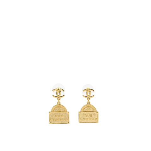 Chanel CC Logo Rue Cambon Drop Earrings Gold Tone
