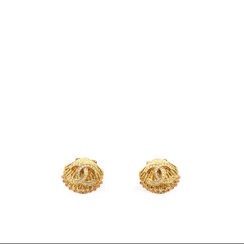 Chanel COCO Mark Shell Design Earrings Golden Metallic 