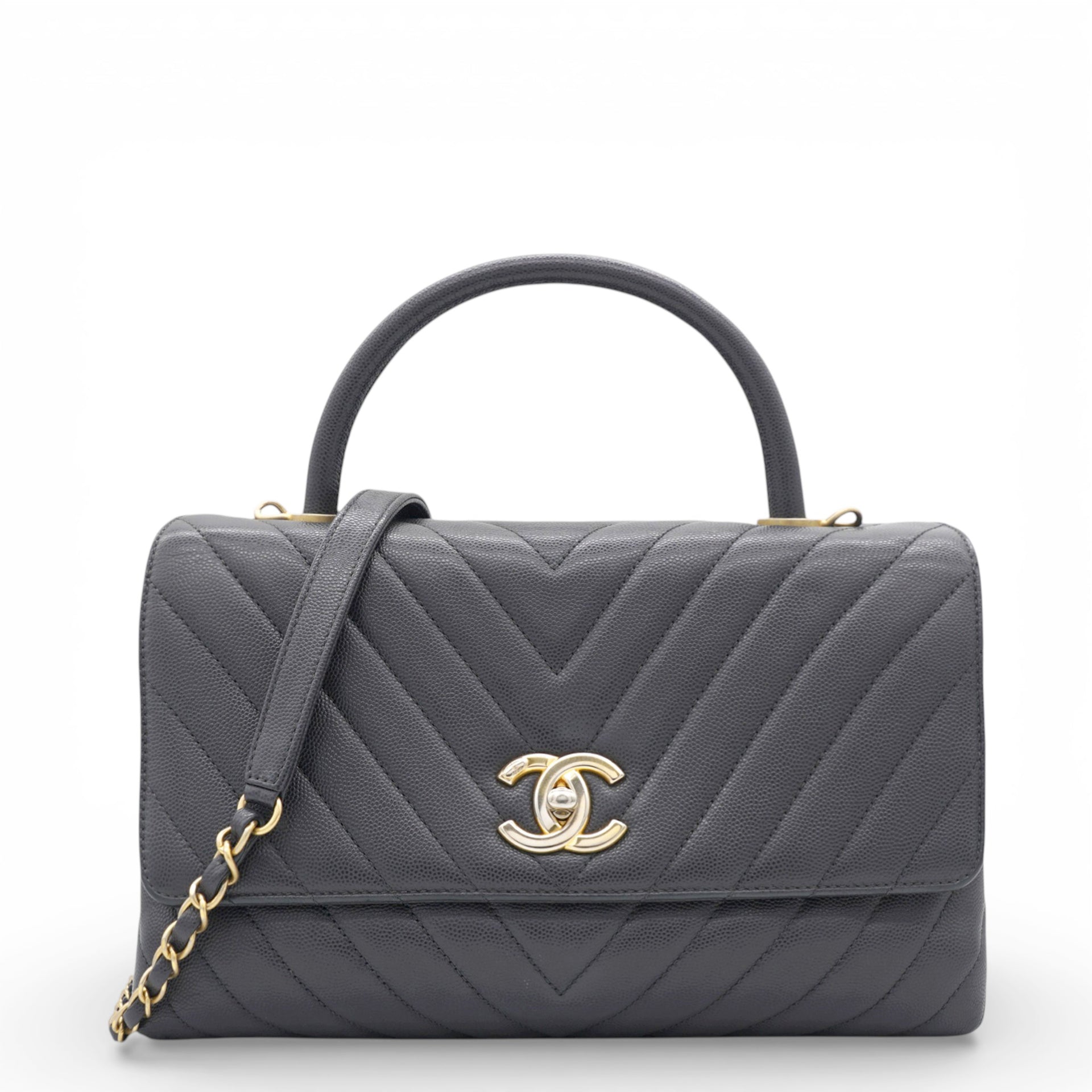 Chanel Caviar Chevron Quilted Medium Coco Handle Flap Black 