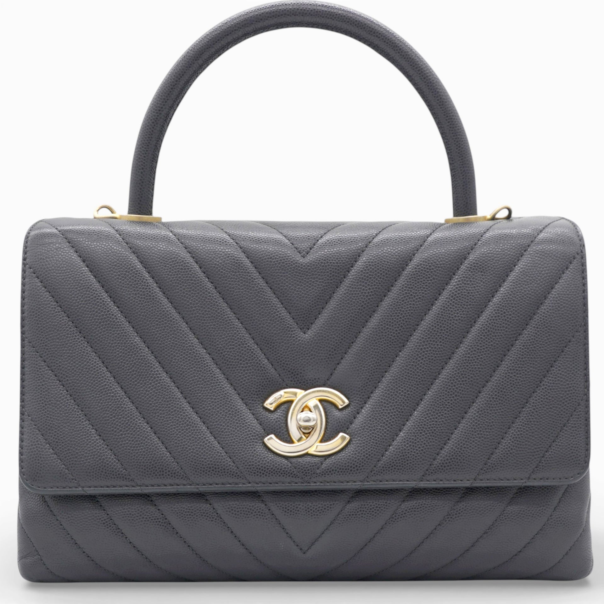 Chanel Caviar Chevron Quilted Medium Coco Handle Flap Black 