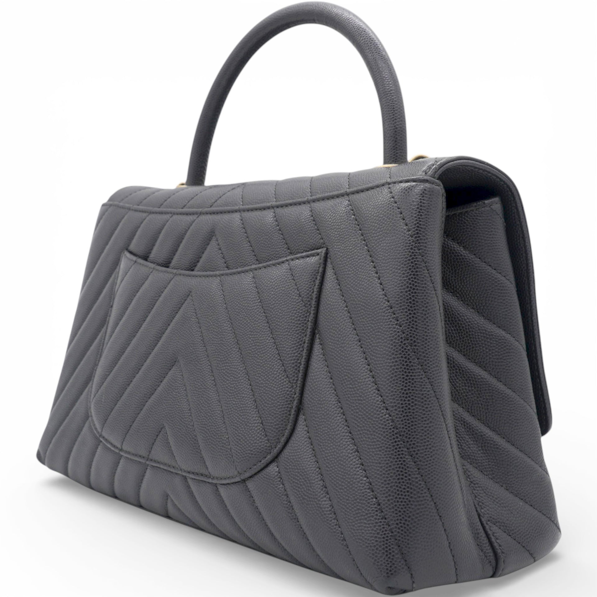 Chanel Caviar Chevron Quilted Medium Coco Handle Flap Black 