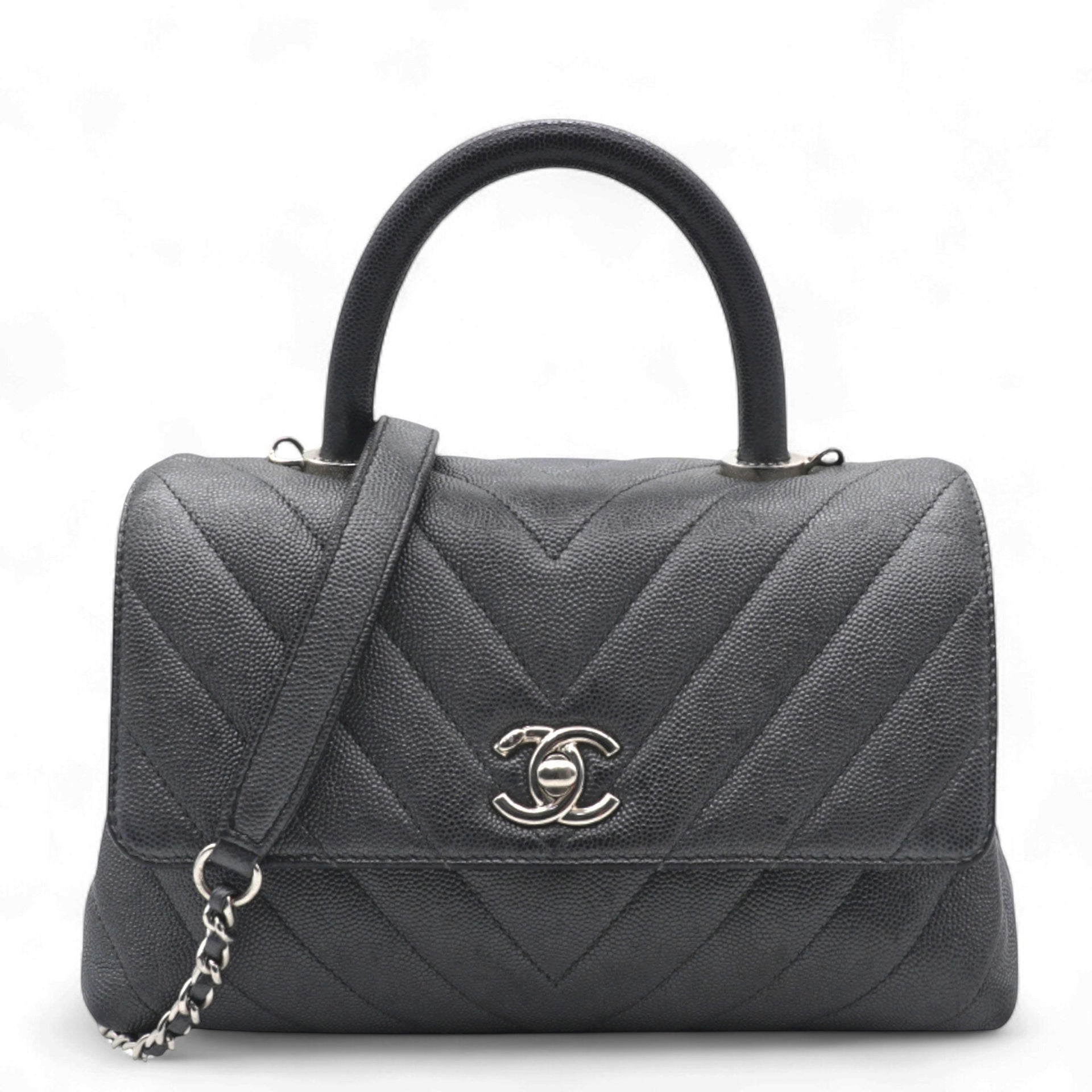  Chanel Caviar Chevron Quilted Small Coco Handle Flap Dark Grey 
