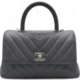  Chanel Caviar Chevron Quilted Small Coco Handle Flap Dark Grey 