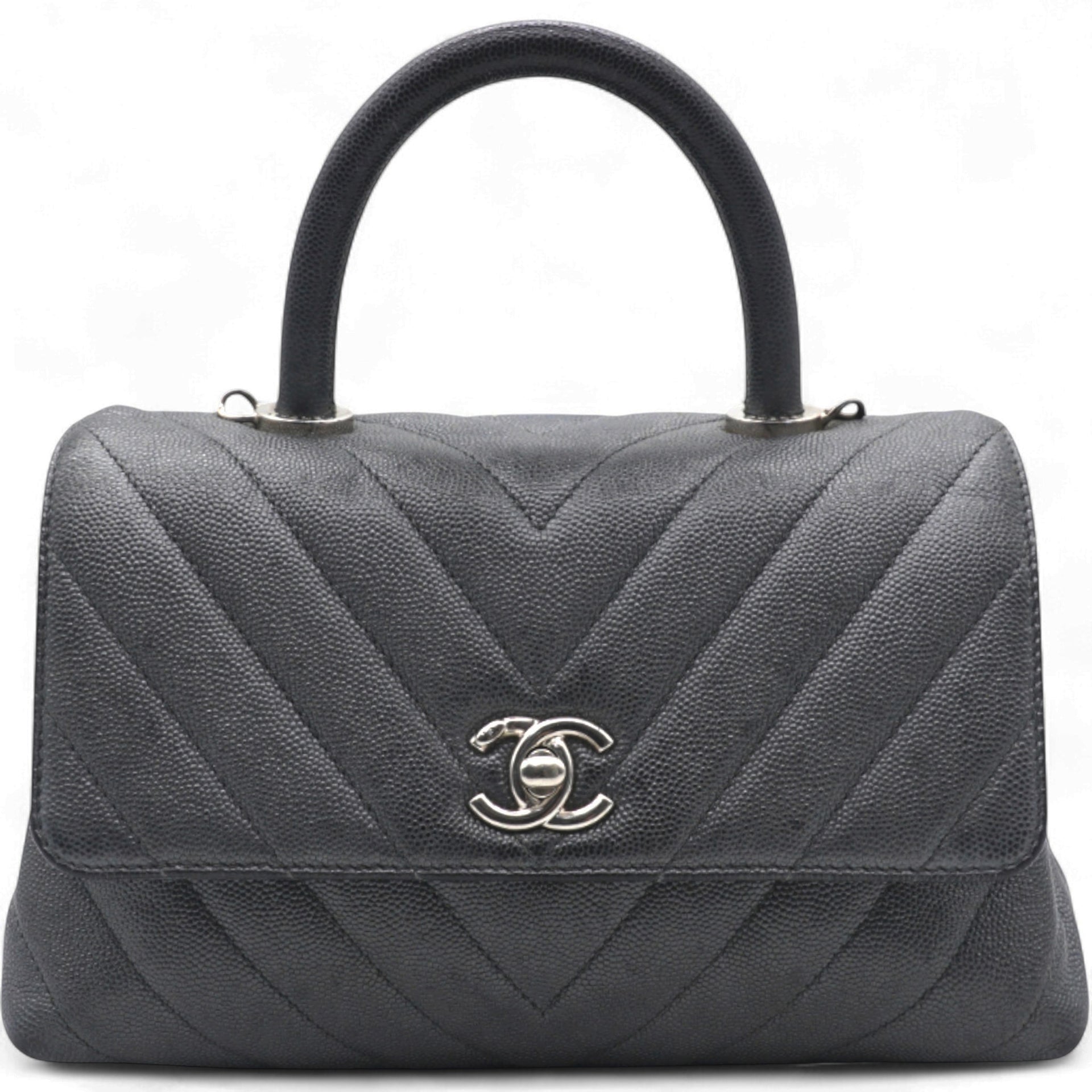  Chanel Caviar Chevron Quilted Small Coco Handle Flap Dark Grey 