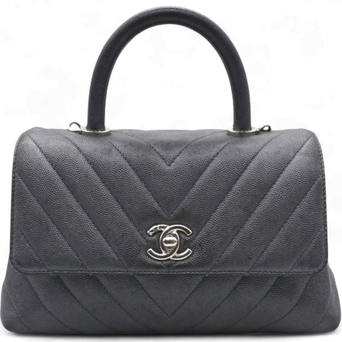  Chanel Caviar Chevron Quilted Small Coco Handle Flap Dark Grey 