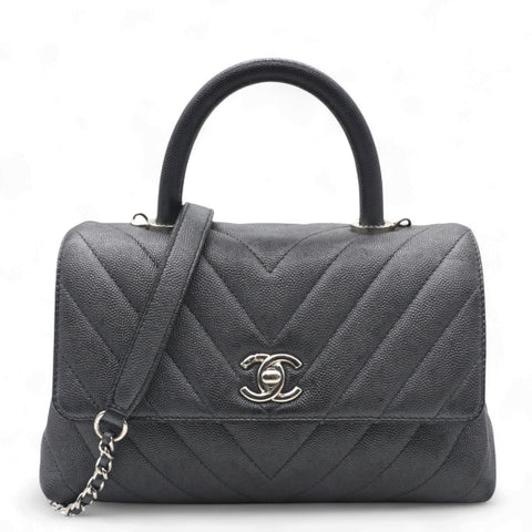  Chanel Caviar Chevron Quilted Small Coco Handle Flap Dark Grey 
