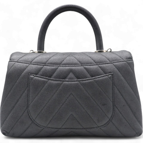  Chanel Caviar Chevron Quilted Small Coco Handle Flap Dark Grey 