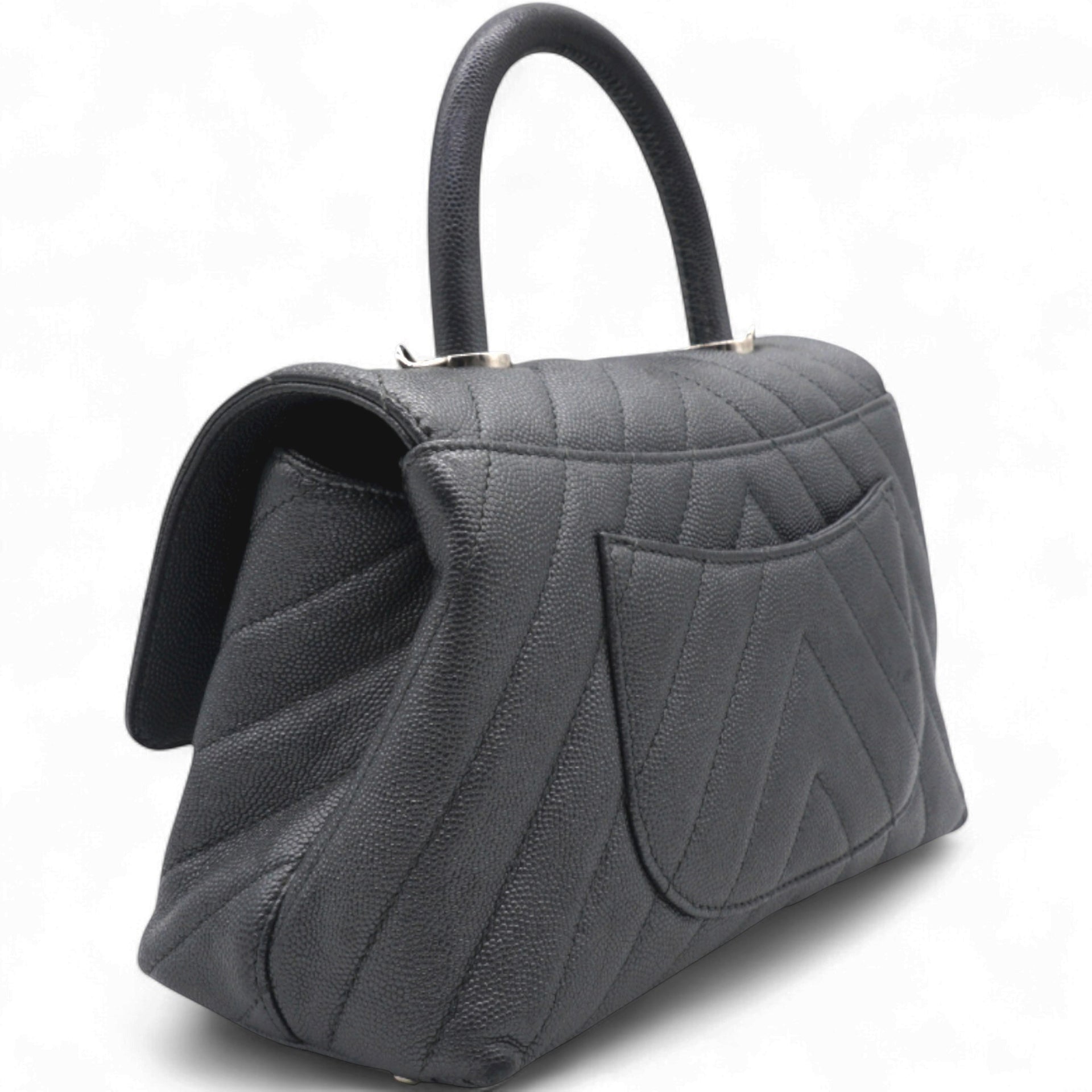  Chanel Caviar Chevron Quilted Small Coco Handle Flap Dark Grey 