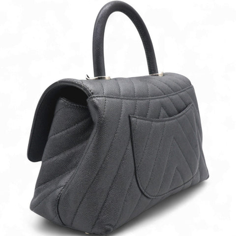  Chanel Caviar Chevron Quilted Small Coco Handle Flap Dark Grey 