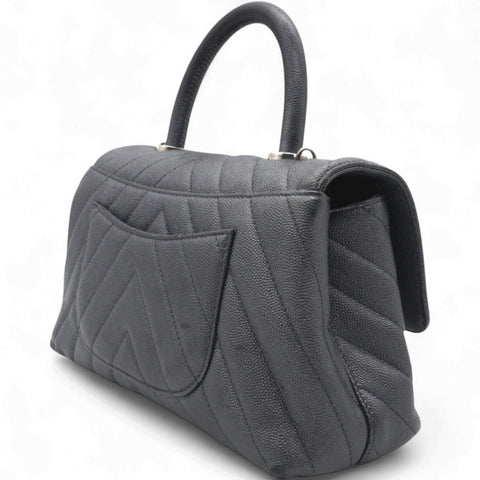 Chanel Caviar Chevron Quilted Small Coco Handle Flap Dark Grey 
