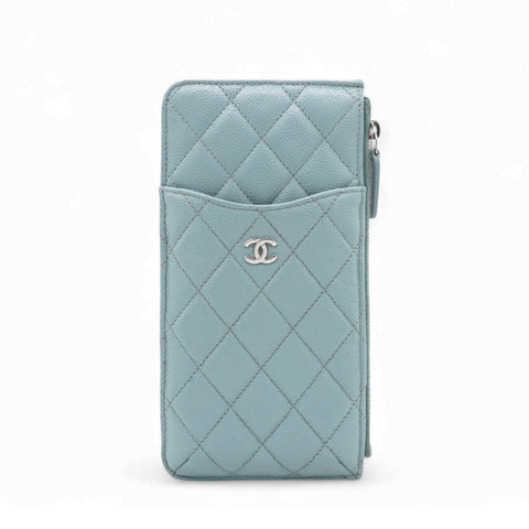 Chanel Caviar Quilted Classic Flat Wallet Pouch Light Blue 