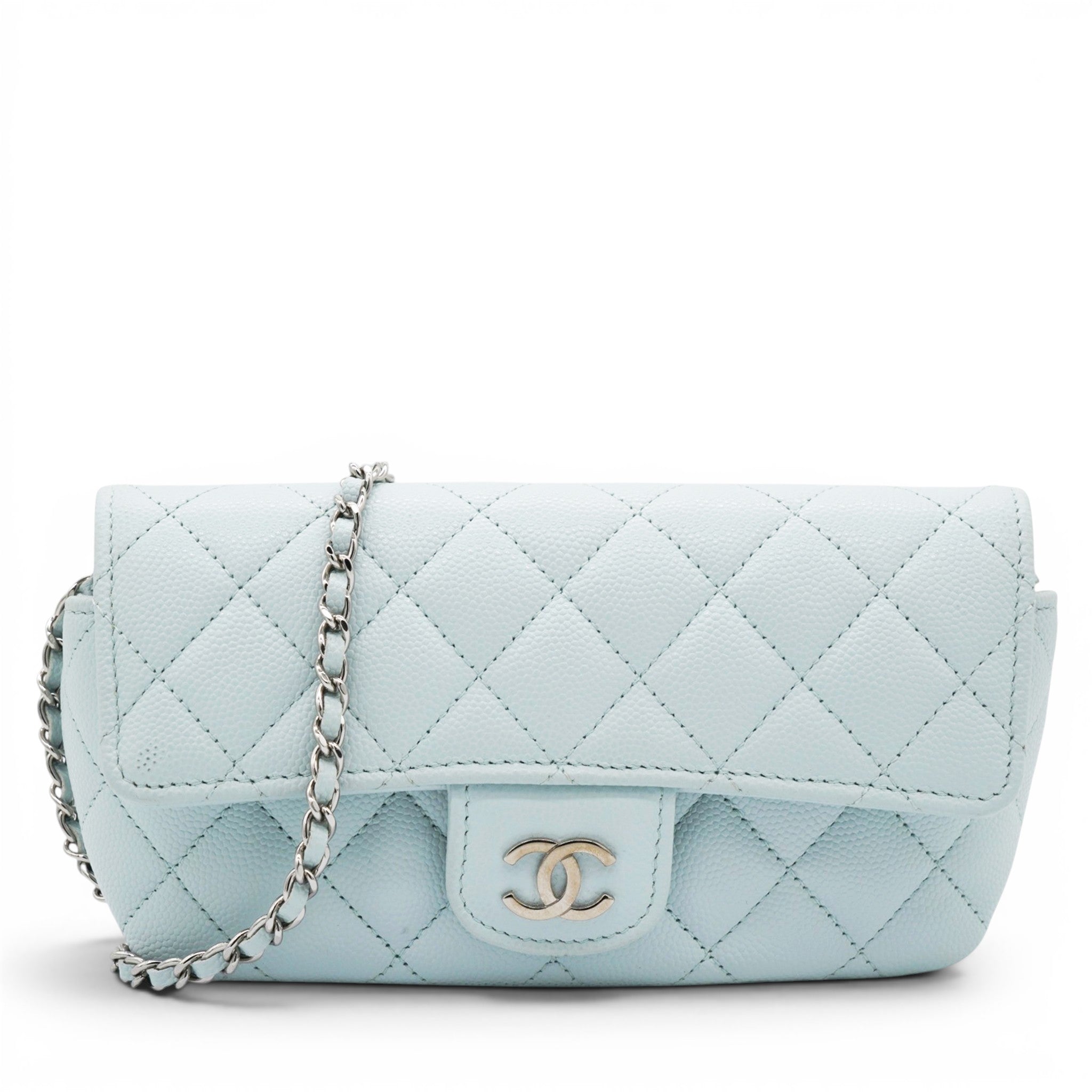 Chanel Caviar Quilted Glasses Case With Chain Light Blue 