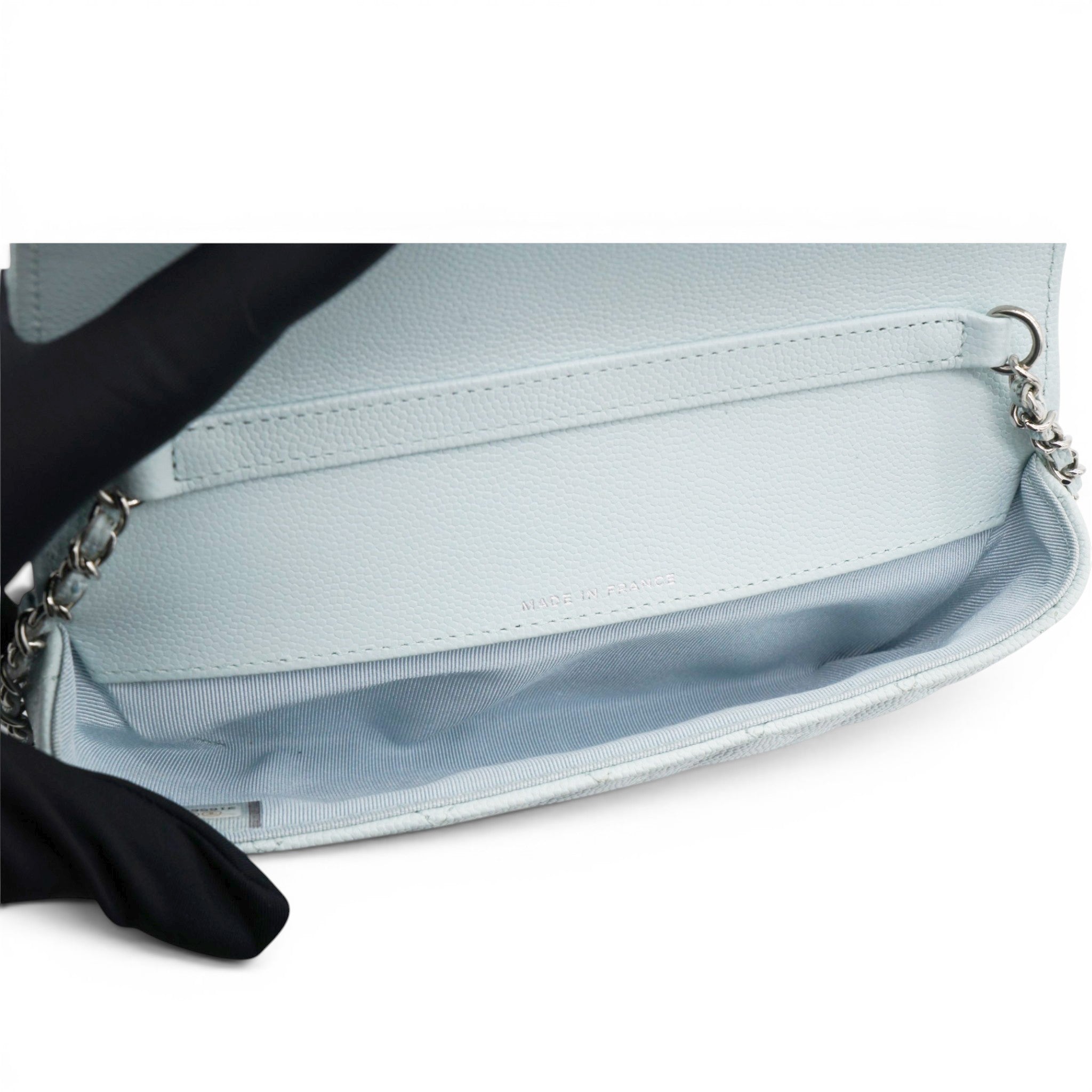 Chanel Caviar Quilted Glasses Case With Chain Light Blue 