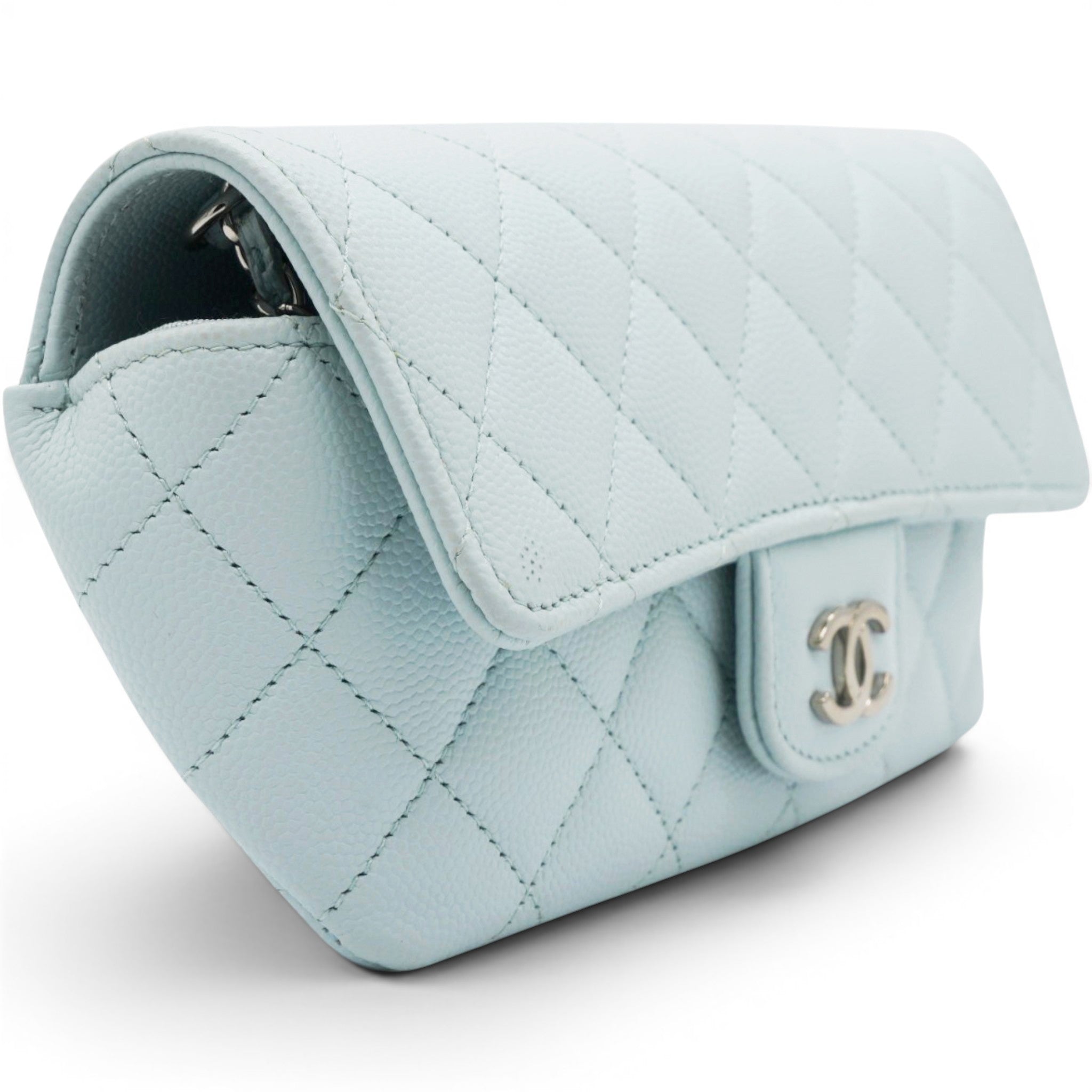 Chanel Caviar Quilted Glasses Case With Chain Light Blue 