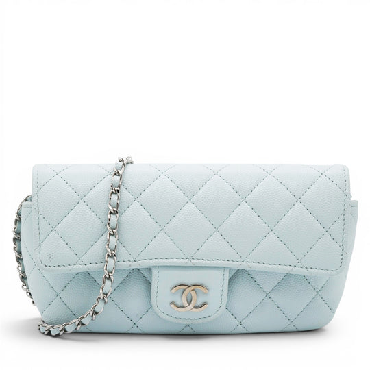 Chanel Caviar Quilted Glasses Case With Chain Light Blue 