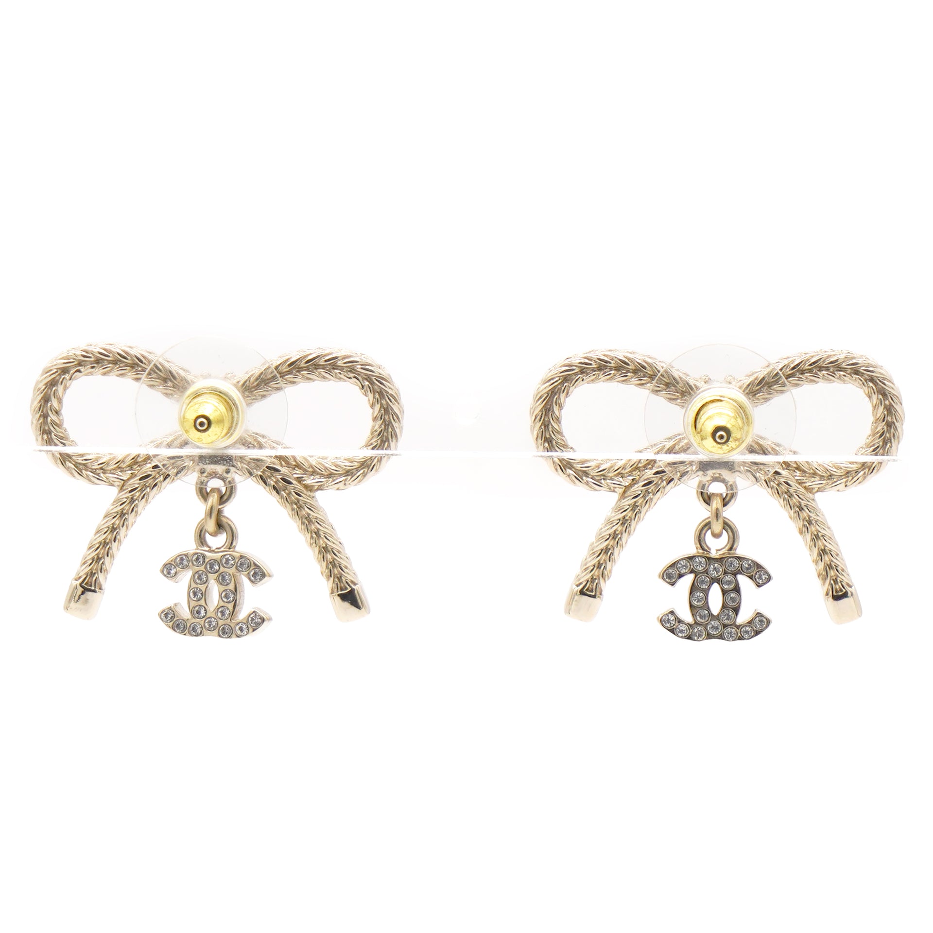 Chanel Crystal CC Bow Drop Earrings Gold 