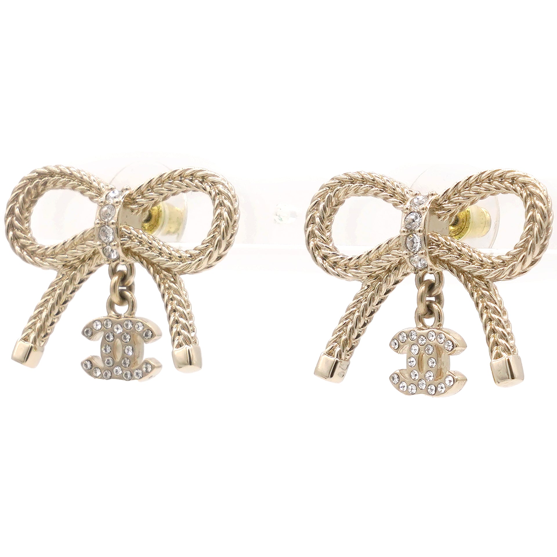 Chanel Crystal CC Bow Drop Earrings Gold 