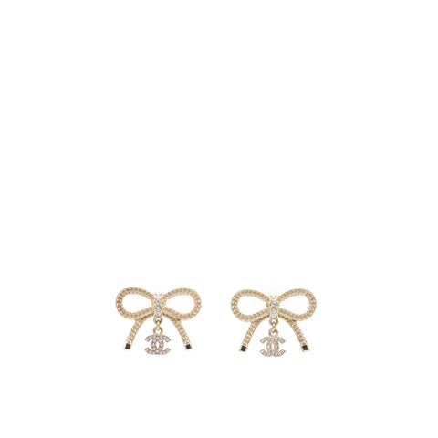 Chanel Crystal CC Bow Drop Earrings Gold 