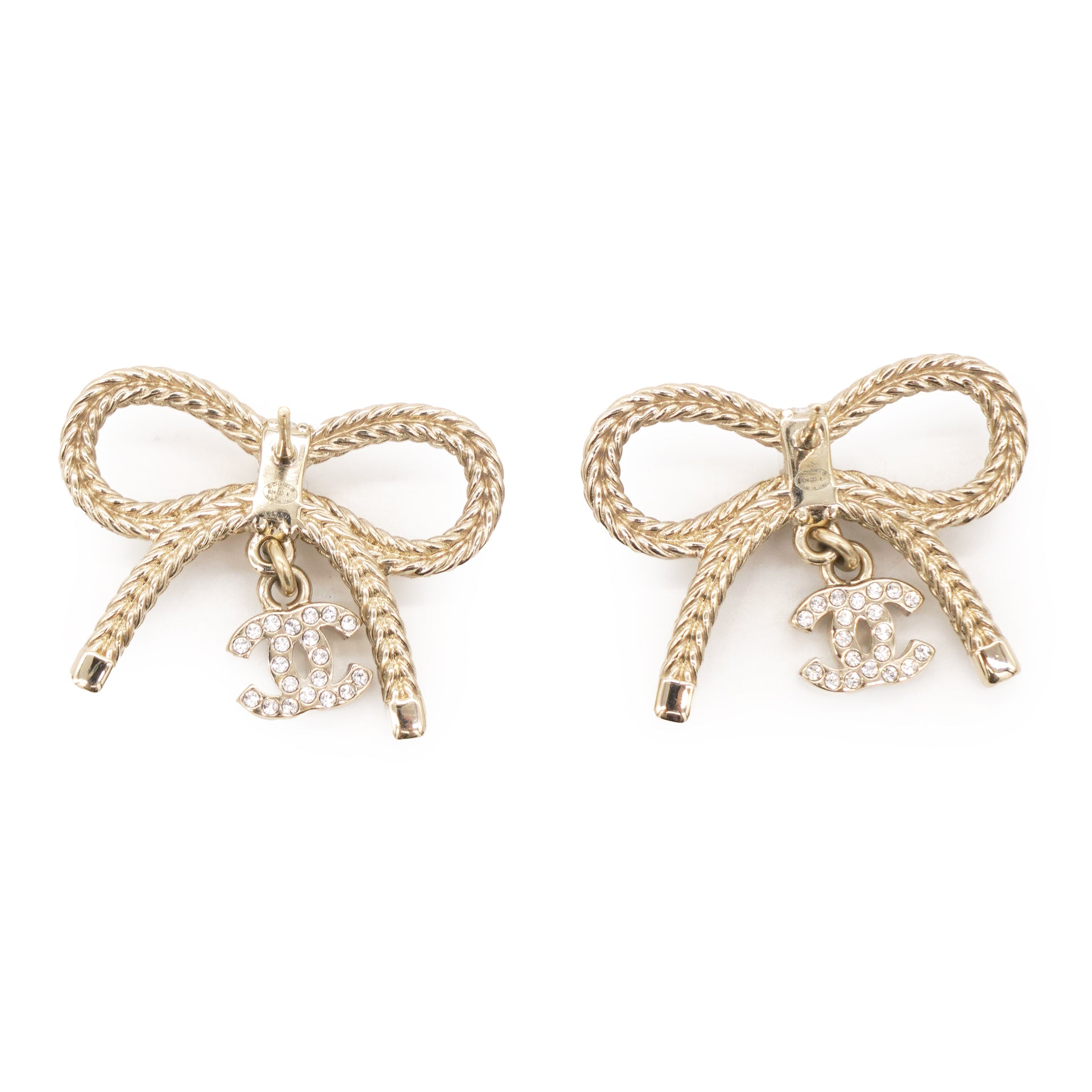 Chanel Crystal CC Bow Drop Earrings Gold 