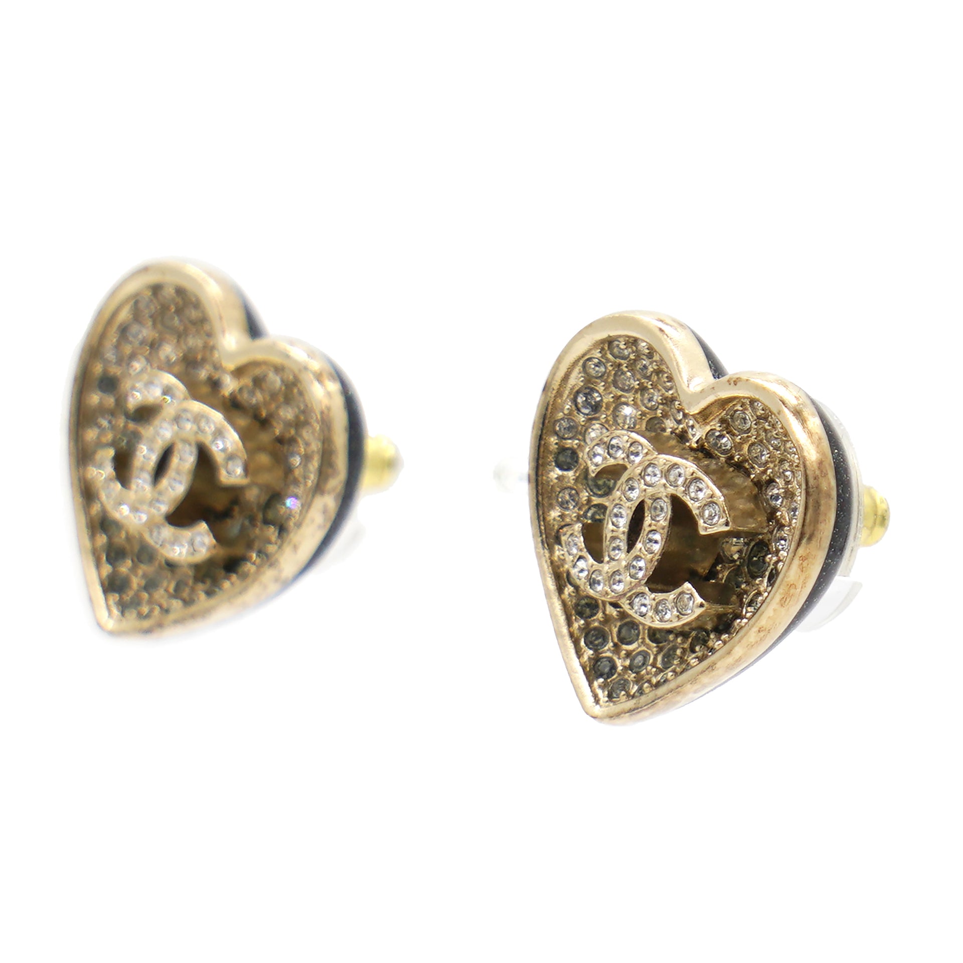 Chanel Crystal Metal CC Heart Earrings Gold 