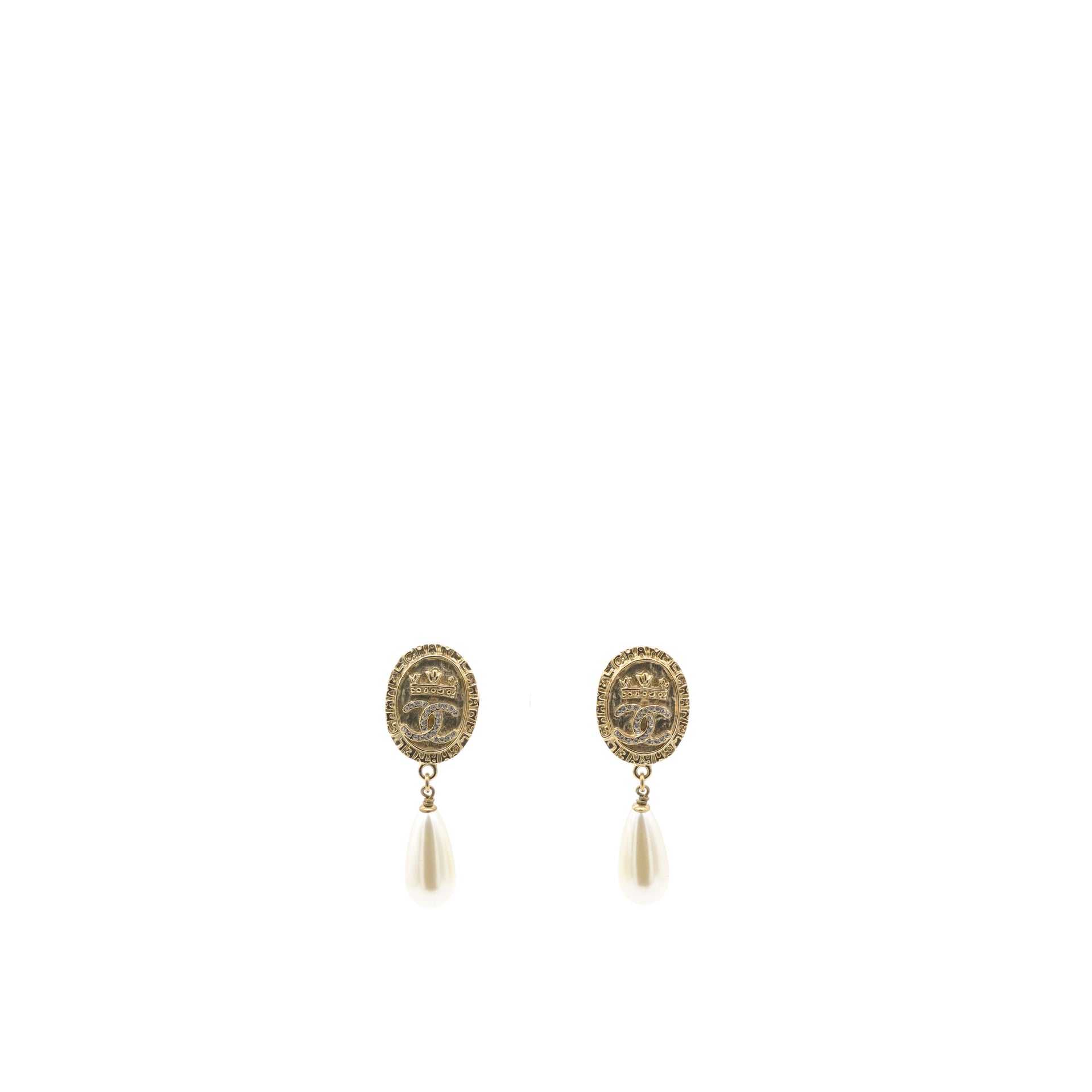  Chanel Crystal Pearl Crown CC Drop Earrings Gold 