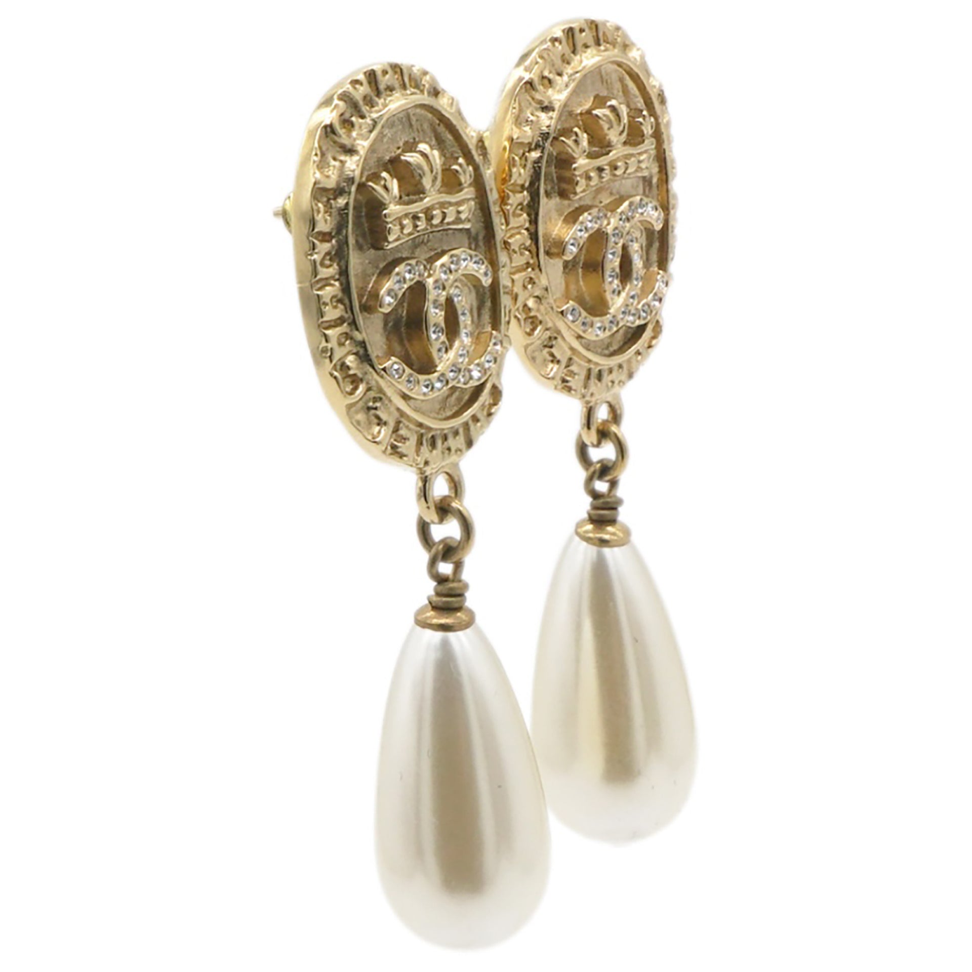  Chanel Crystal Pearl Crown CC Drop Earrings Gold 