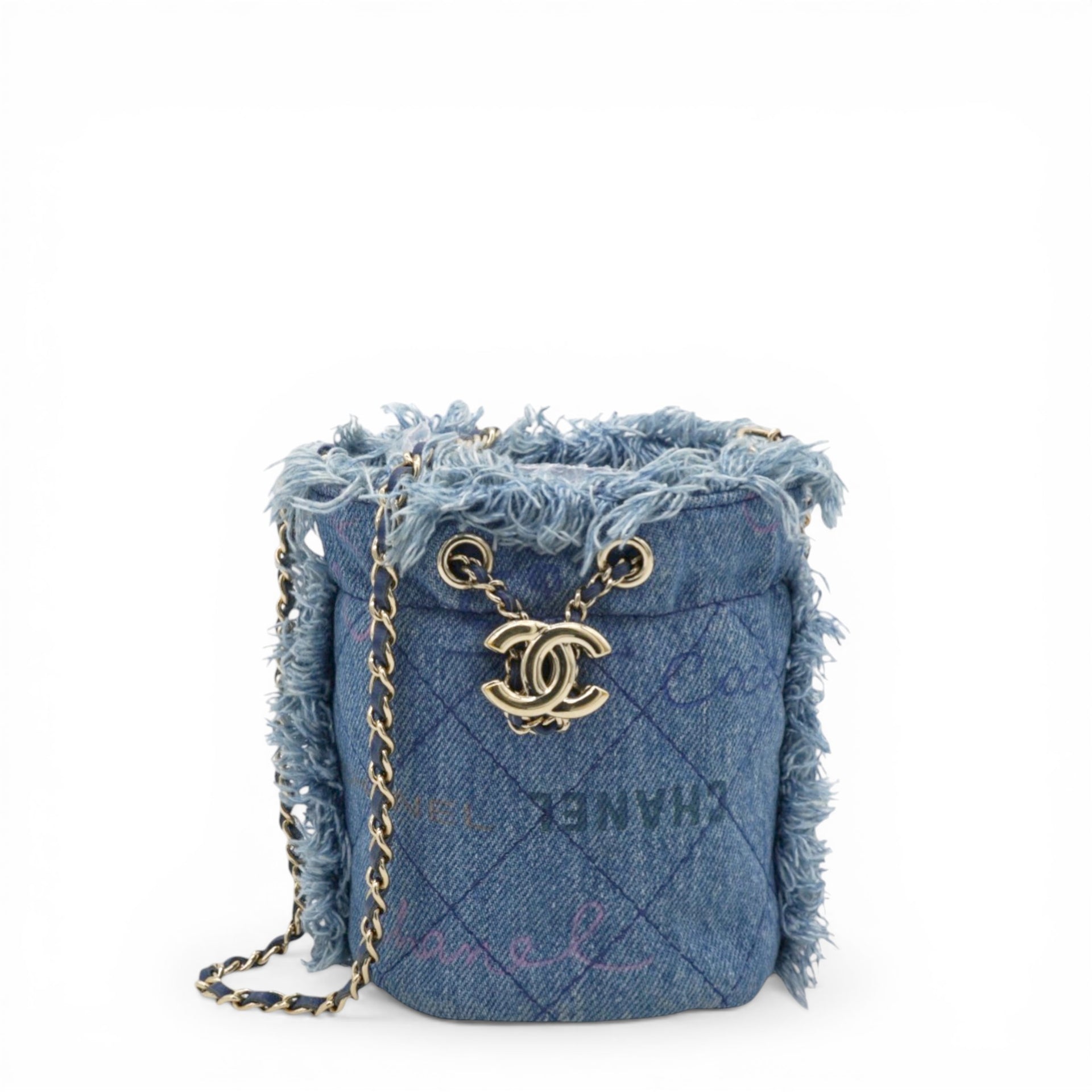 Chanel Denim Quilted Mood Mini Bucket With Chain Blue Multicolor 