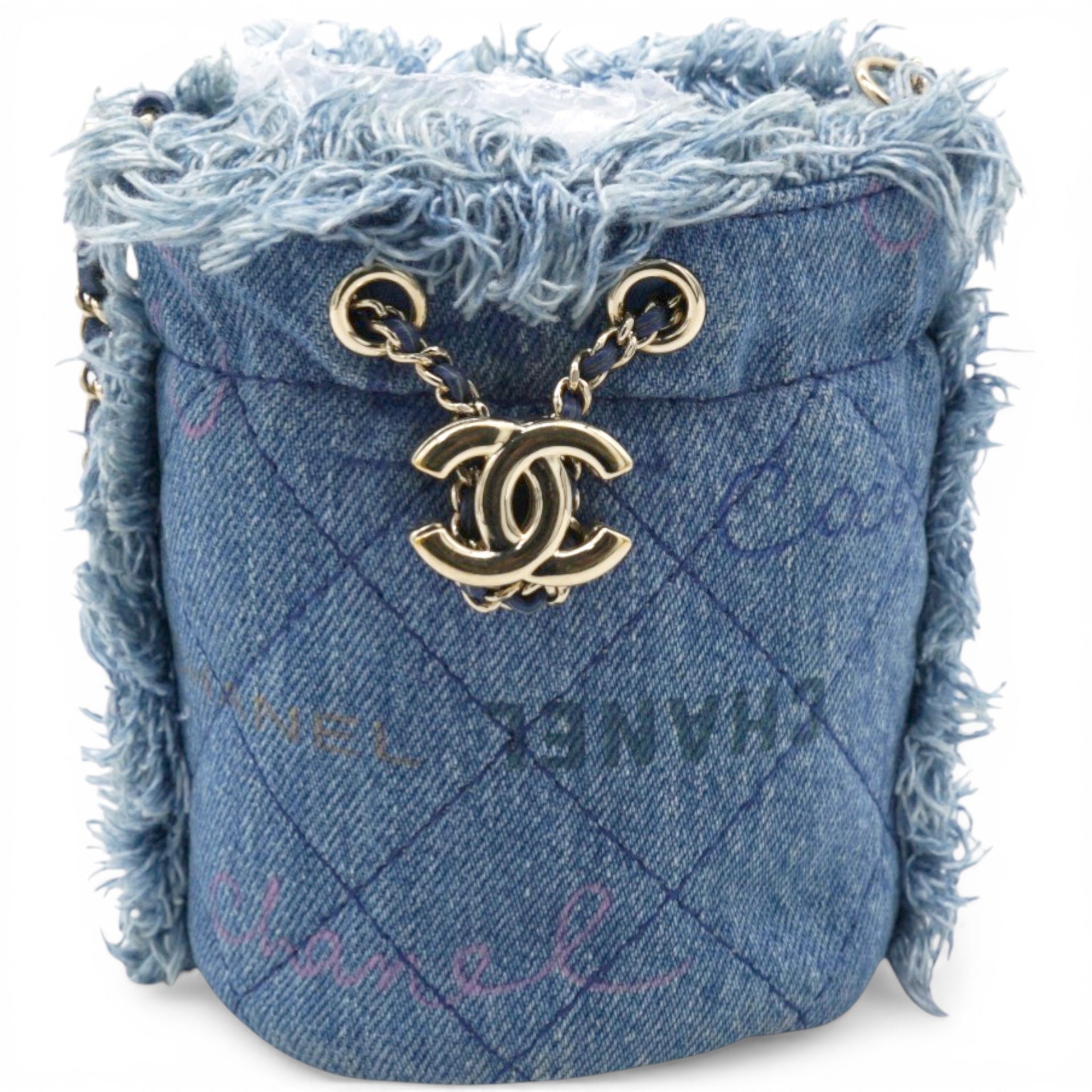 Chanel Denim Quilted Mood Mini Bucket With Chain Blue Multicolor 