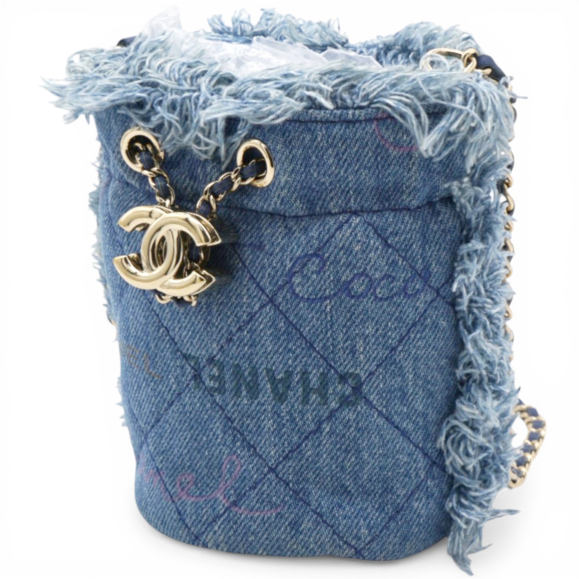Chanel Denim Quilted Mood Mini Bucket With Chain Blue Multicolor 
