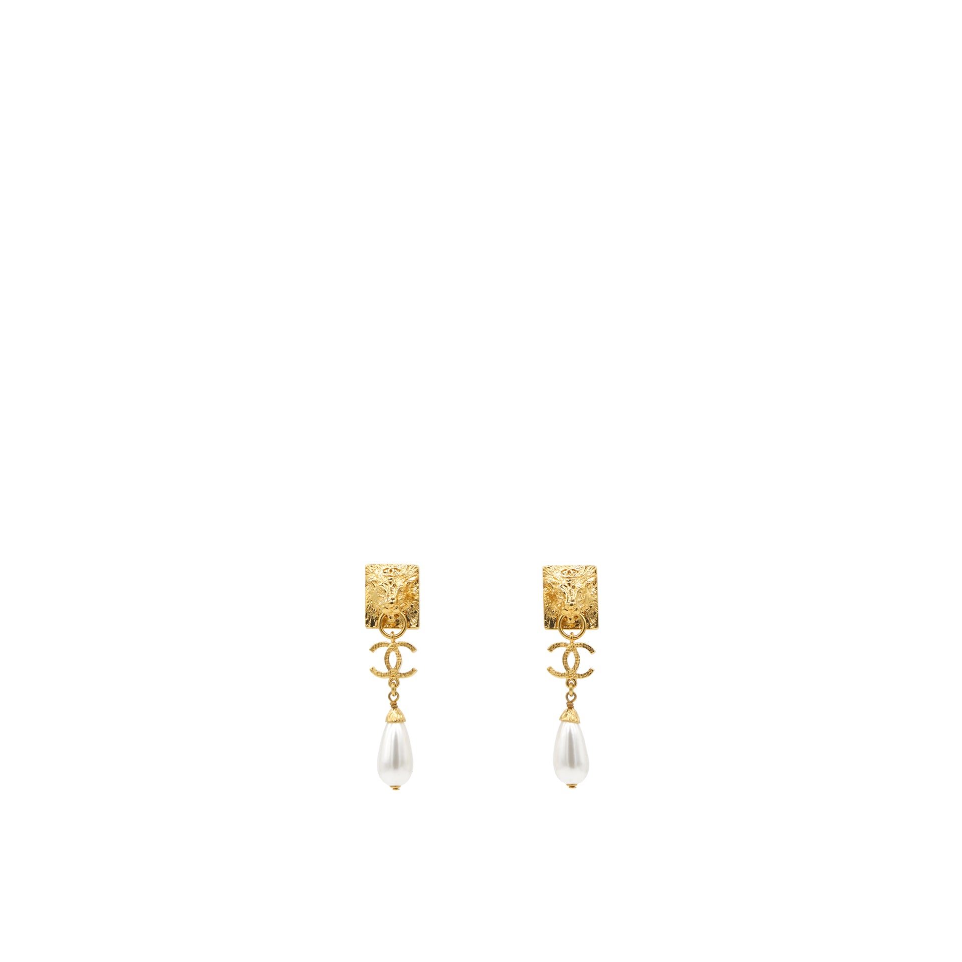 Chanel Faux Pearl Lion Doorknocker Drop Earrings