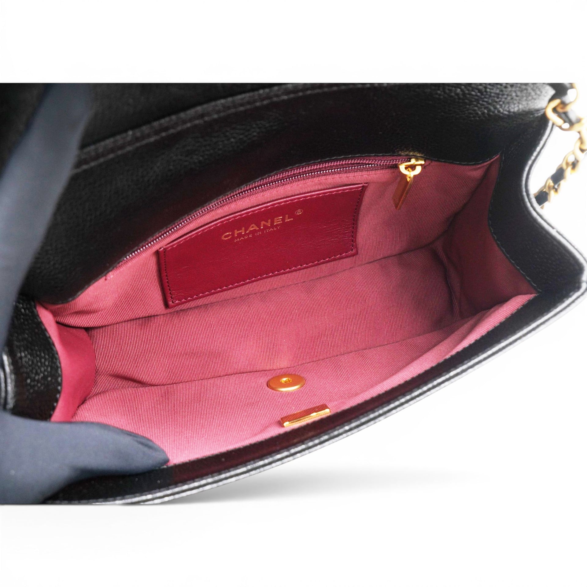 Chanel Flap Bag Black Shiny Grained Calfskin Brushed Gold Hardware 